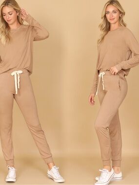 YOU & ME BUTTERY SOFT Women's Long Sleeve Lounge Set - Beige